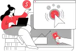 Woman working laptop with money icons