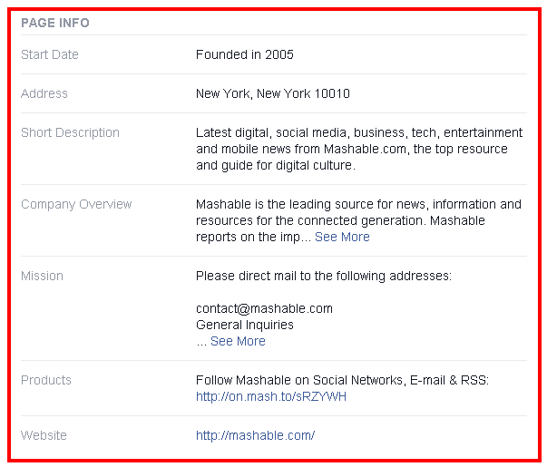 Page Description of Mashable’s Official Facebook Business Page - Techshu Blog